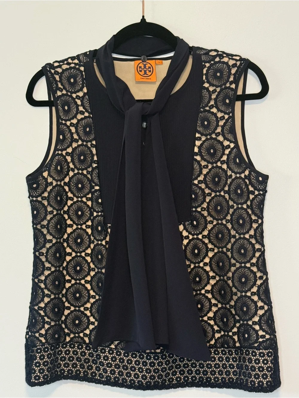 Tory Burch Navy Blue Crochet/Lace Overlay Top - Sz. 6